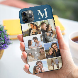 Capa Para iPhone 11 Pro Max Colagem de Fotografias Monogramas 7 no Azul Peacoc