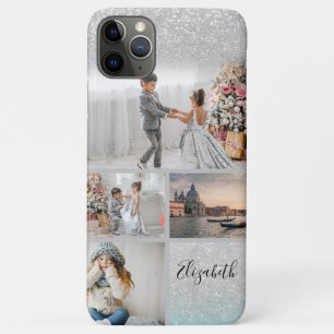 Capa Para iPhone 11 Pro Max Colagem de Fotos Silver Glitter Bokeh Seu Nome