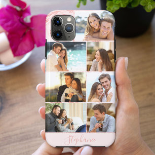 Capa Para iPhone 11 Pro Max Colagem Personalizada de 7 Fotos Pink Marble