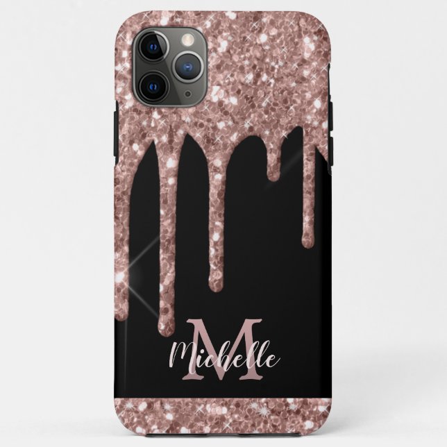 Capa Para iPhone 11 Pro Max Colírio Dourado com Rosa monograma em preto (Verso)