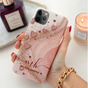 Capa Para iPhone 11 Pro Max corações com brilho de ouro cor-de-rosa macio