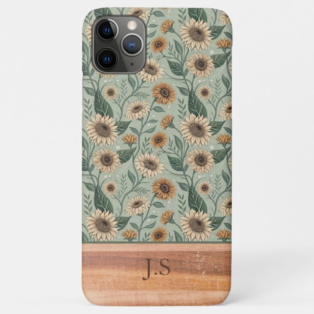 Capa Para iPhone 11 Pro Max Custom Boho Sunflowers Wood Effect (Verso)