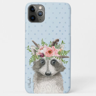 Capa Para iPhone 11 Pro Max Cute Boho Raccoon com Coroa Floral e Nome