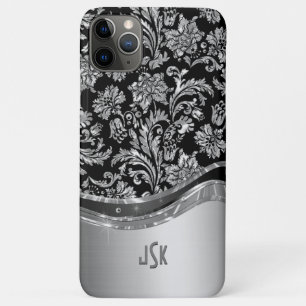Capa Para iPhone 11 Pro Max Damascos florais de prata e de vintagem preta