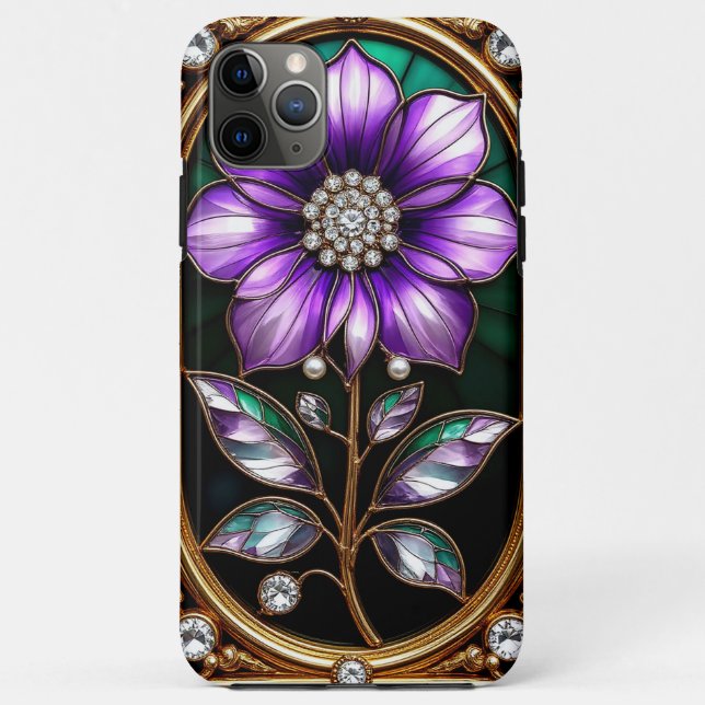 Capa Para iPhone 11 Pro Max Design Floral em Moldura Dourada (Verso)