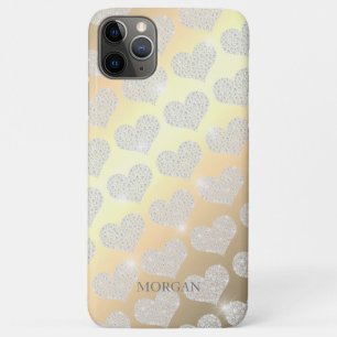 Capa Para iPhone 11 Pro Max Diamond Small Heart Pattern, DIY Name, Dourado