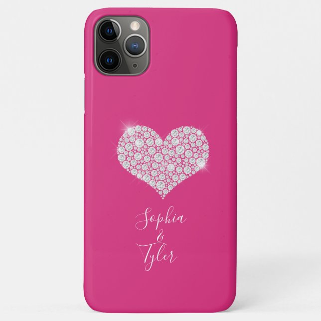 Capa Para iPhone 11 Pro Max Diamond Sparkle Heart, DIY Names Script, Deep Pink (Verso)