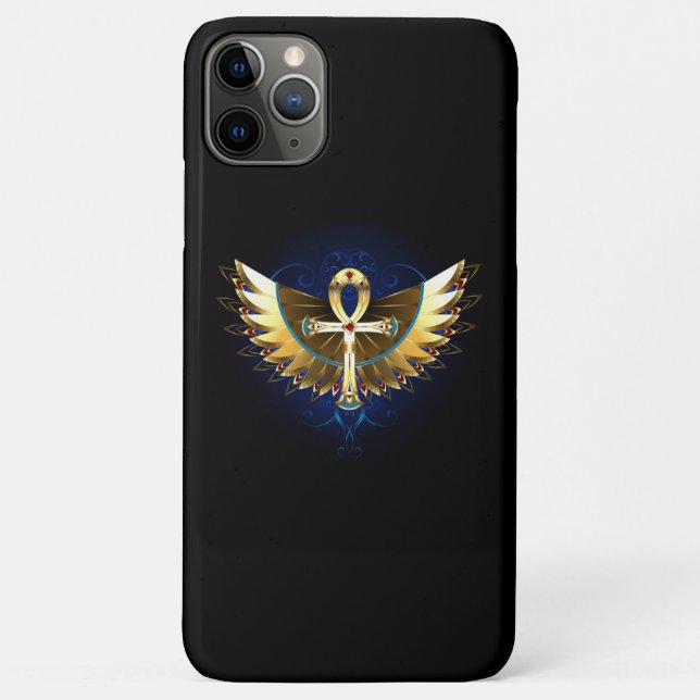 Capa Para iPhone 11 Pro Max Dourada Ankh com Asas (Verso)