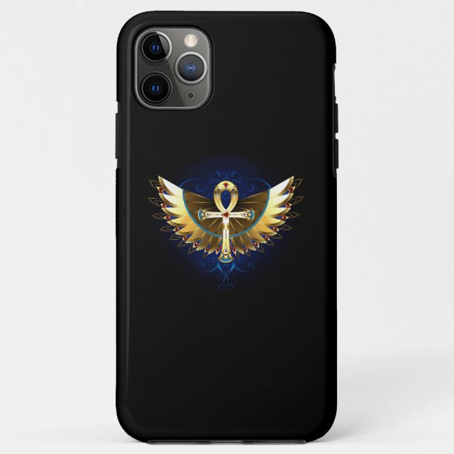 Capa Para iPhone 11 Pro Max Dourada Ankh com Asas (Verso)