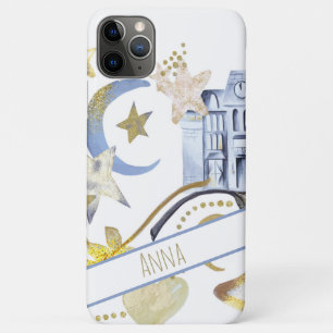 Capa Para iPhone 11 Pro Max *~* Dourado Glitter Blue Moon Stars Heart Castle