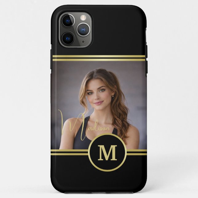 Capa Para iPhone 11 Pro Max Elegant Gold Signature Monogram with Photo (Verso)