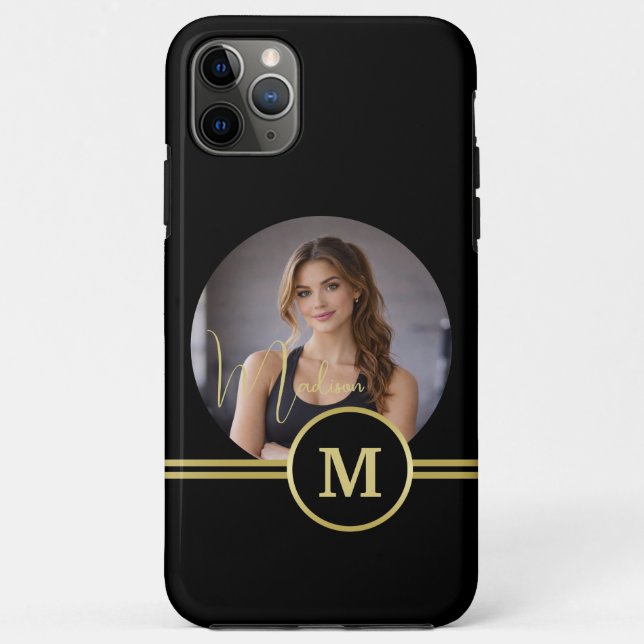 Capa Para iPhone 11 Pro Max Elegant Gold Signature Monogram with Photo (Verso)