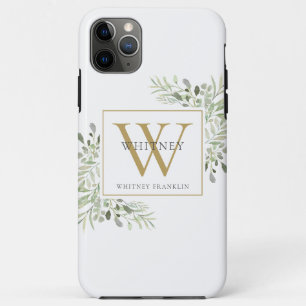 Capa Para iPhone 11 Pro Max Elegante Monograma de Ouro com Folhagem Estilosa