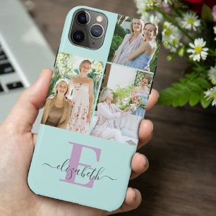 Capa Para iPhone 11 Pro Max Elegante Monograma de Script 3 Foto em Verde Menta