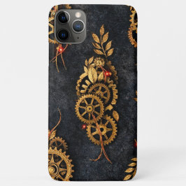 Capa Para iPhone 11 Pro Max Engrenagens Douradas Vintage e Neon Vermelho Cyber