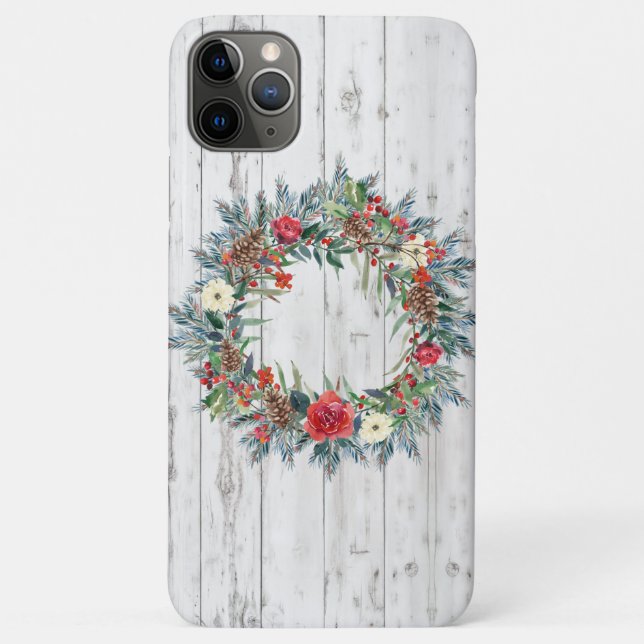 Capa Para iPhone 11 Pro Max Farmhouse Rustic Wood Shiplap Christmas Wreath 2 (Verso)