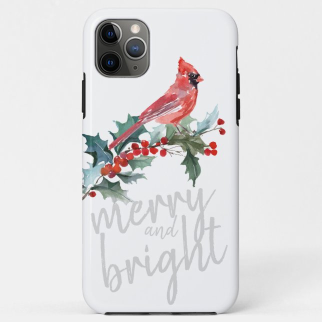 Capa Para iPhone 11 Pro Max Feliz e Natal Brilhante Holly Cardeal (Verso)