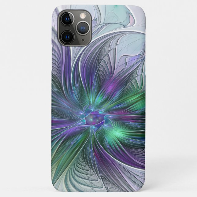 Capa Para iPhone 11 Pro Max Flor Moderna Abstrata Fractal Roxa Verde (Verso)