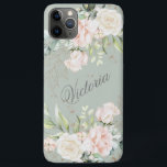 Capa Para iPhone 11 Pro Max Floral Watercolor Cor Verde Dourada Personalizar<br><div class="desc">Folhas de ouro elegantes com flores de cor-de-água cor-de-rosa-claro sobre fundo verde-sábio. Adicione o seu nome para tornar esta capa de telefone bonita. Esta capa de telefone é perfeita para você. Tão chique e sofisticada. A Zazzle garante atendimento e satisfação 100% ao cliente.</div>