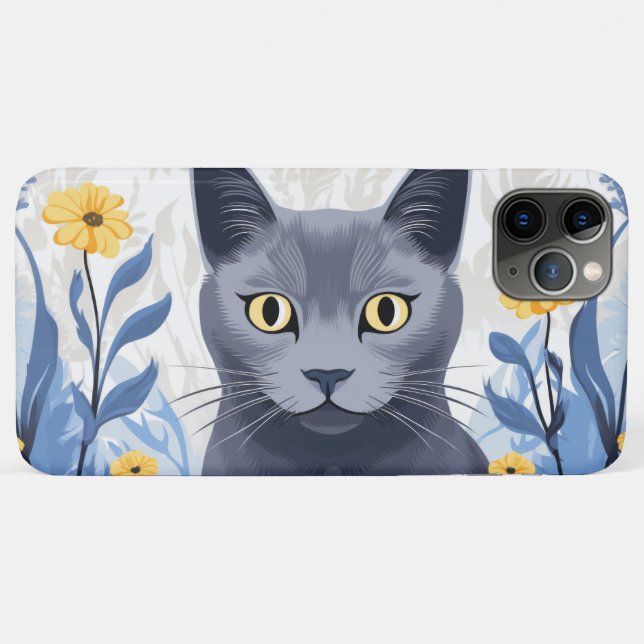 Capa Para iPhone 11 Pro Max Flores Amarelas do Gato Azul Russo (Verso (horizontal))