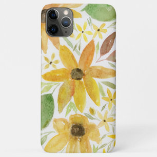 Capa Para iPhone 11 Pro Max Flores Amarelas e Girassóis em Watercolor