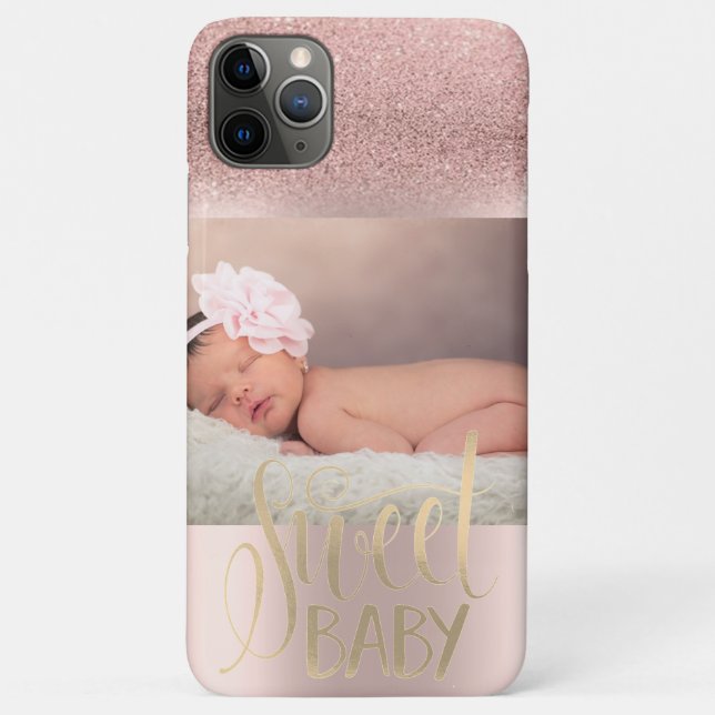 Capa Para iPhone 11 Pro Max Foto Rosa Dourado Glitter Ombre Sweet Baby (Verso)