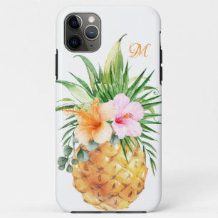 Capa Para iPhone 11 Pro Max Fruticultura Abacaxi Floral e Hibiscus com Monogra