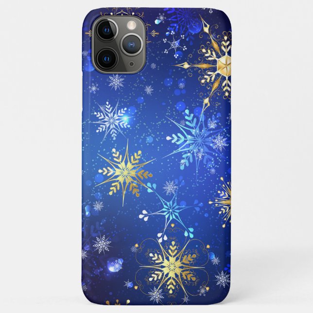 Capa Para iPhone 11 Pro Max Fundo Azul XMAS com Flocos de Neve Ouro (Verso)