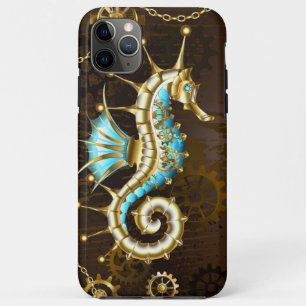 Capa Para iPhone 11 Pro Max Fundo de madeira com cavalo de mar mecânico