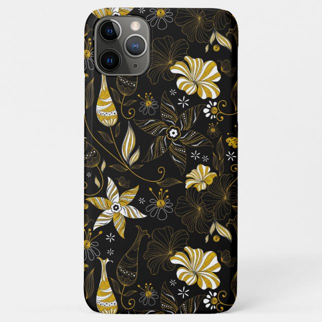 Capa Para iPhone 11 Pro Max Fundo floral ouro preto-branco (Verso)