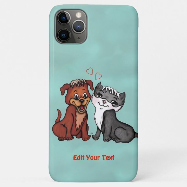 Capa Para iPhone 11 Pro Max Gatinho e Cachorrinho, Edite Seu Texto (Verso)