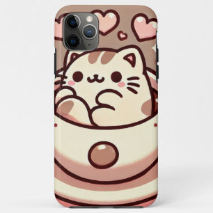 Capa Para iPhone 11 Pro Max Gatinho Gato Inteiro e Café-Cute Kawaii em Teacup