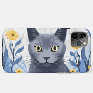 Capa Para iPhone 11 Pro Max Gato Azul Russo Flores Amarelas