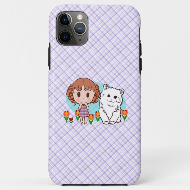 Capa Para iPhone 11 Pro Max gato, menina e tulipas (Verso)