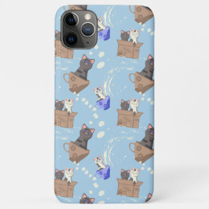 Capa Para iPhone 11 Pro Max Gatos na caixa e leite cai em azul