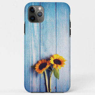 Capa Para iPhone 11 Pro Max Girassol na Parede de Madeira Azul