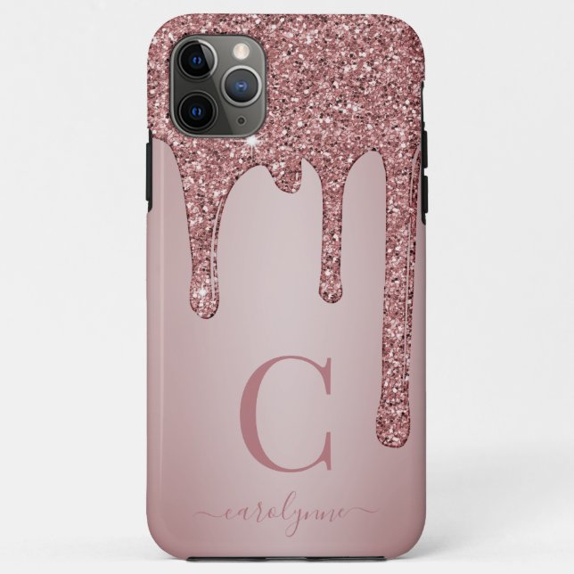 Capa Para iPhone 11 Pro Max Girly Rosa Dourado Sparkle Glitter Drives Monogram (Verso)