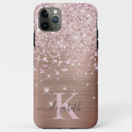 Capa Para iPhone 11 Pro Max Glam Bling Rosa Dourado Diamond Confetti Monograma