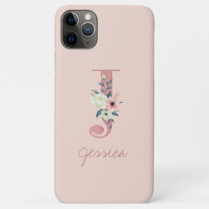 Capa Para iPhone 11 Pro Max Glitter Rosa Flor Monograma Letra J Rosa Claro
