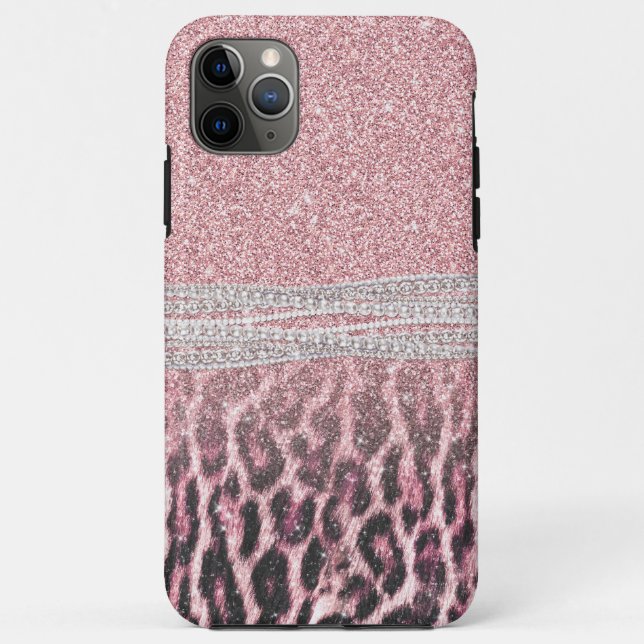 Capa Para iPhone 11 Pro Max Imagem Luminosa Cinzenta Cor-de-Rosa com Leopardo  (Verso)