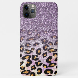 Capa Para iPhone 11 Pro Max Impressão de Leopardo Glitter Roxo e Dourado