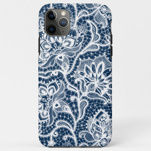 Capa Para iPhone 11 Pro Max Lace floral branco e azul-marinho