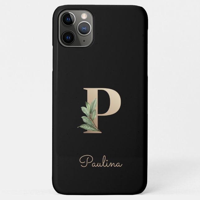 Capa Para iPhone 11 Pro Max Letra Dourada Monograma Botânica Elegante P (Verso)