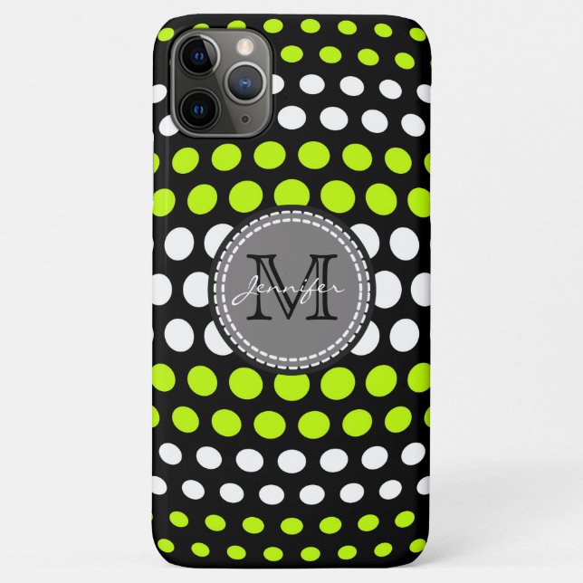 Capa Para iPhone 11 Pro Max Lime & Monograma de Padrão de Pontos Brancos (Verso)