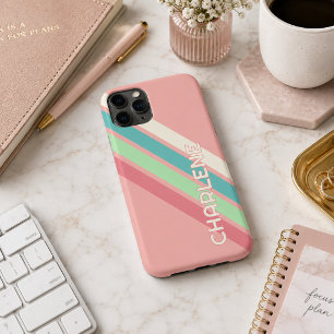 Capa Para iPhone 11 Pro Max Listras personalizadas em azul aqua coral verde li