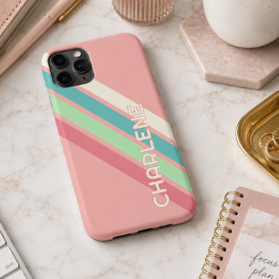 Capa Para iPhone 11 Pro Max Listras personalizadas em azul aqua coral verde li