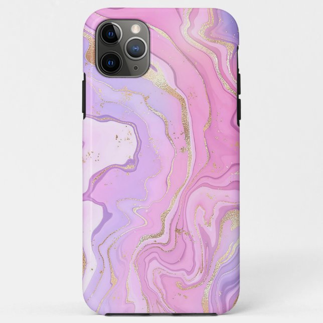 Capa Para iPhone 11 Pro Max Luxo Marble Glitter Rosa Púrpura Dourada (Verso)