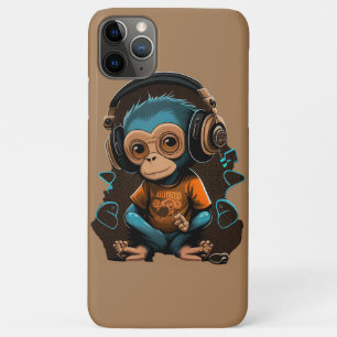 Capa Para iPhone 11 Pro Max Macaco Bonito Ouvindo Música, Música Macaco Imerso
