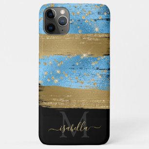 Capa Para iPhone 11 Pro Max Manuscrito Dourado Brilhante Azul Monograma