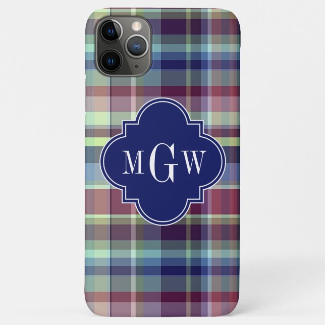 Capa Para iPhone 11 Pro Max Marinho Azul Céu Borgonha Whpreppy Madras Monogram (Verso)